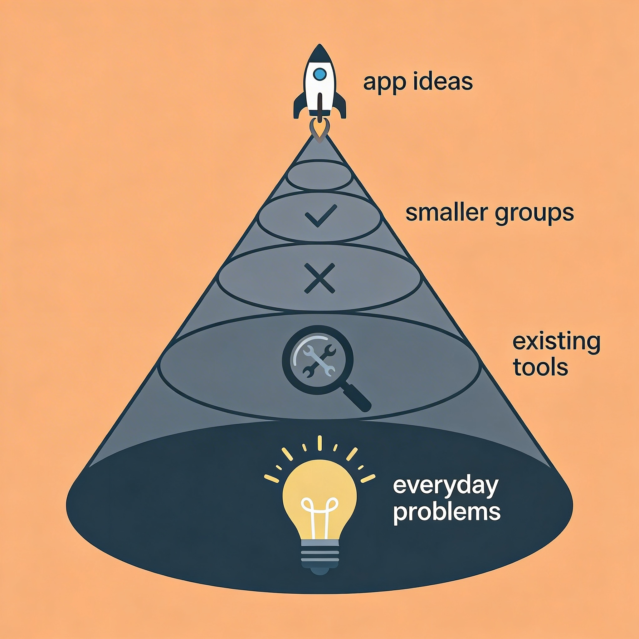 Funnel diagram showing everyday problems, existing tools, and smaller groups filtering down to app ideas